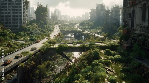 Apocalyptic chaos - Apocalypse - Destroyed city - Created with Generative AI technology.