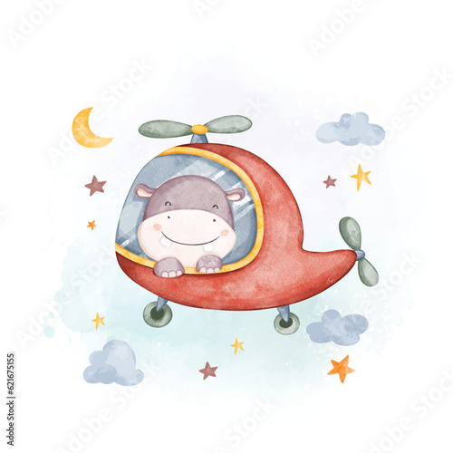 Watercolor illustration hippo in helicopter with clouds and stars