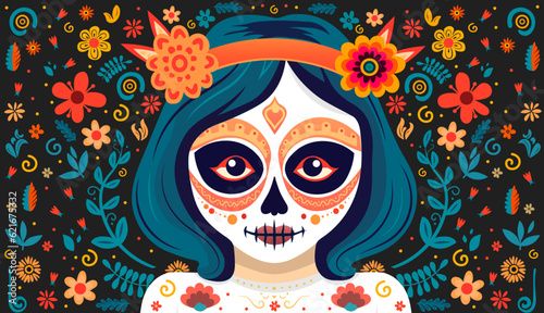 ILUSTRACION SOBRE UNA CATRINA CON MUCHAS FLORES TIPICAS DEL DIA DE LOS MUERTOS 