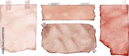 Watercolor illustration set of Scapbook old paper notes and tape