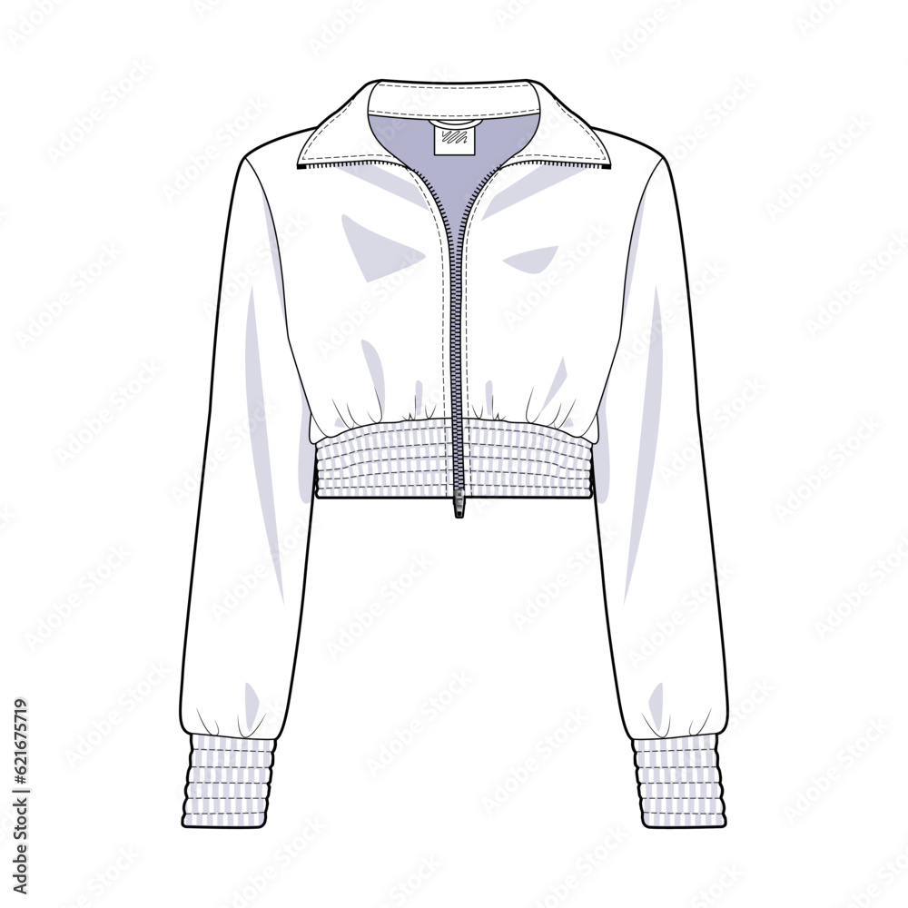 Short jacket front view fashion flat sketch for Tech Pack. Zipper top