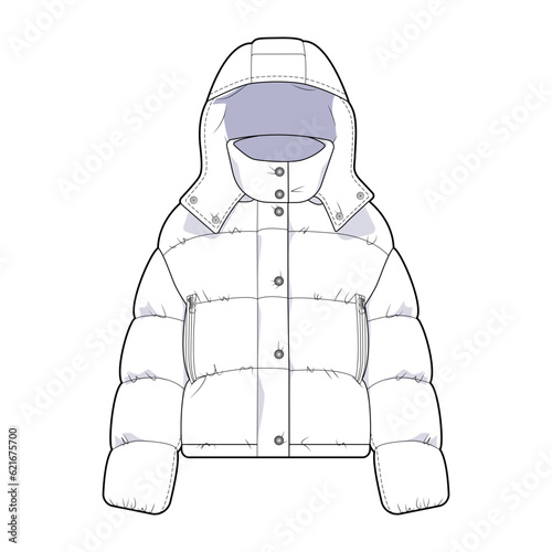 Winter puffer coat front view fashion flat sketch for Tech Pack. Jacket with hood and pockets on a zipper, CAD drawing, black and white, vector graphics for garment production apparel brand, for women