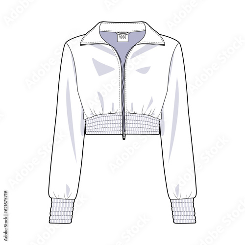 Short jacket front view fashion flat sketch for Tech Pack. Zipper top, CAD drawing, black and white, vector graphics for garment production apparel brand, womenswear, clothes for active sport and run
