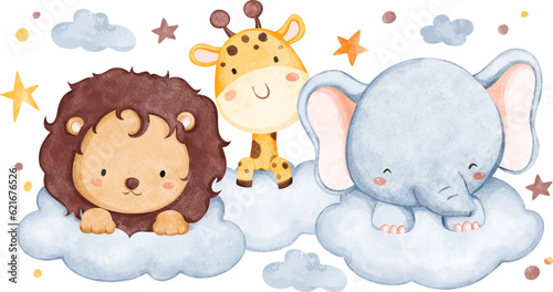 Watercolor illustration safari animals and cloud