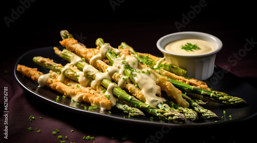 Generative AI image of golden asparagus fries perfectly seasoned and paired with creamy baconnaise, creating a mouthwatering combination of savory delights.