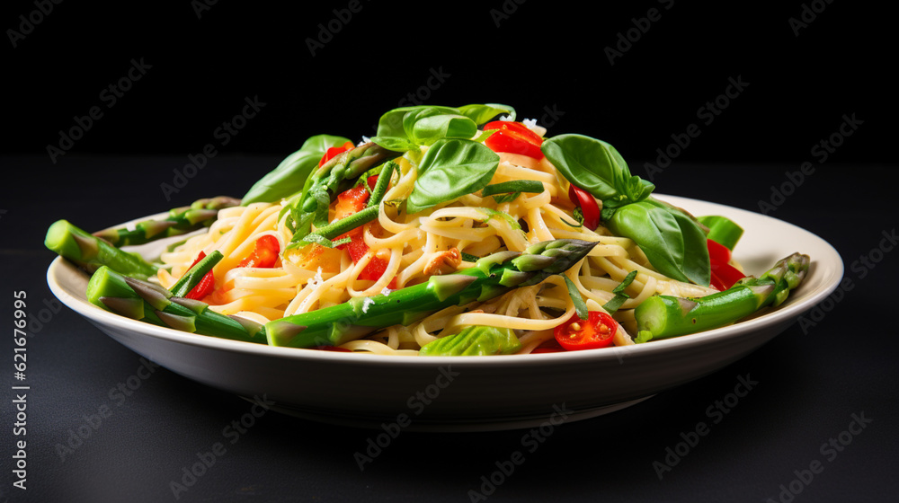 Generative AI image of asparagus with pasta primavera. Fresh asparagus perfectly tossed with vibrant spring vegetables and al dente pasta, creating a colorful and flavorsome symphony on a plate.