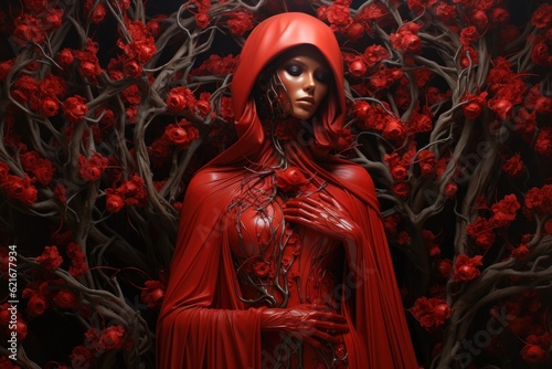 A woman in a red cloak and a red cape. Generative AI image.