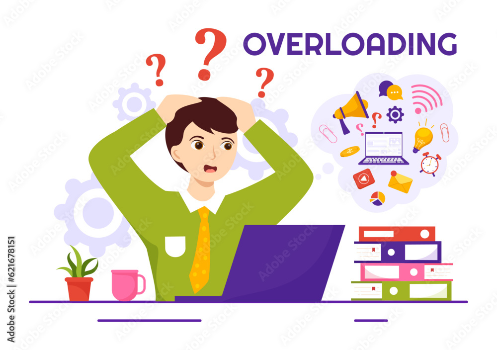 Overloading Vector Illustration with Busy work and Multitasking Employee to Finish Many Documents or Digital Information in Hand Drawn Templates