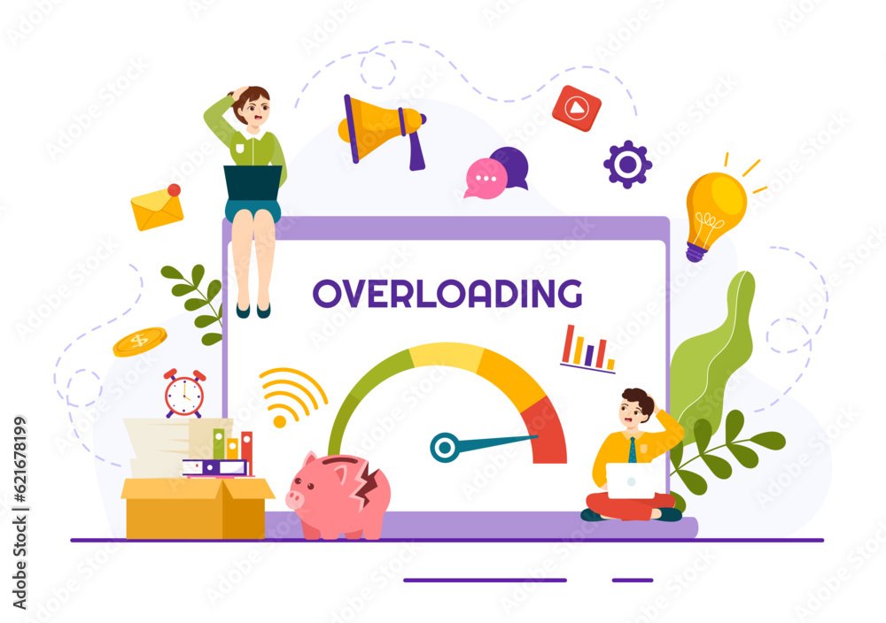 Overloading Vector Illustration with Busy work and Multitasking Employee to Finish Many Documents or Digital Information in Hand Drawn Templates