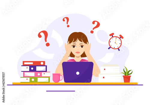 Overloading Vector Illustration with Busy work and Multitasking Employee to Finish Many Documents or Digital Information in Hand Drawn Templates