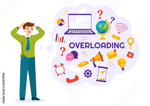 Overloading Vector Illustration with Busy work and Multitasking Employee to Finish Many Documents or Digital Information in Hand Drawn Templates