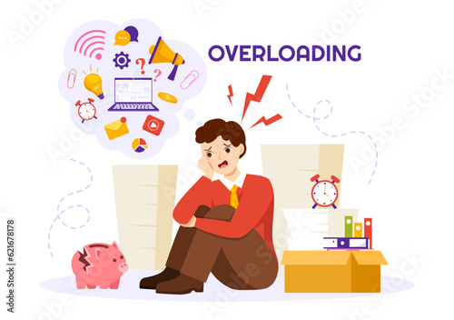 Overloading Vector Illustration with Busy work and Multitasking Employee to Finish Many Documents or Digital Information in Hand Drawn Templates