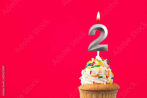 Horizontal birthday card with cake - Burning candle number 2