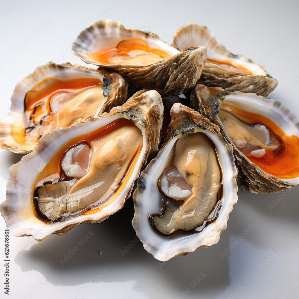 Naklejka premium Fresh oysters served with shell and lemon vinegar sauce on a white background created with Generative AI Technology