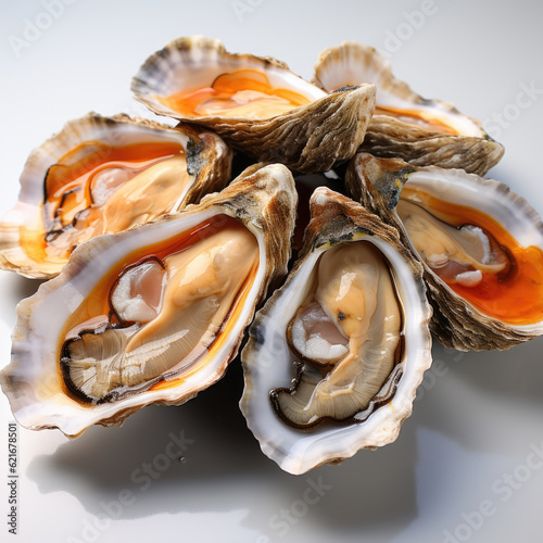 Fresh oysters served with shell and lemon vinegar sauce on a white background created with Generative AI Technology