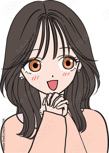 手を組んで喜ぶロングヘアのおしゃれな女の子