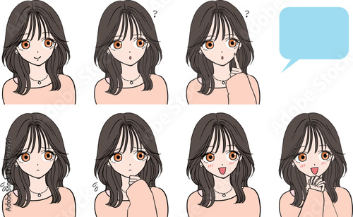 7種類の表情のおしゃれな女の子
