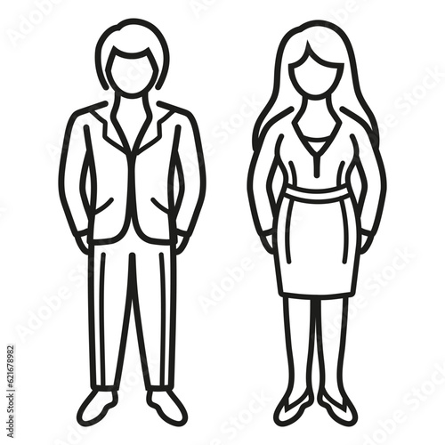 Business man and woman person, office workers, toilet couple, company staff line icon. Elegant male and female family figure. Businessman and businesswoman. Corporate member, team work. Outline vector