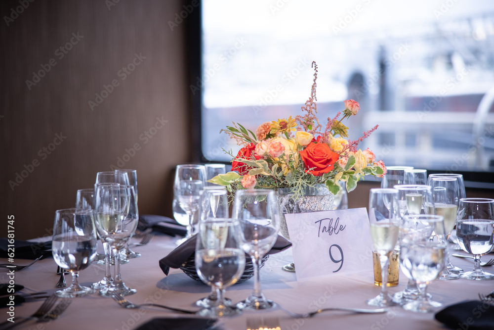 Fototapeta premium Cruise Wedding Beautiful Romantic Ceremony Reception Table Settings Event Events Flower Flowers Cake Glass Silverware