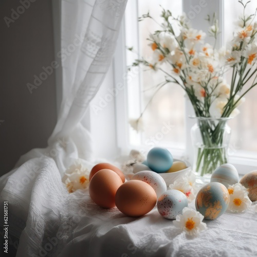 Congratulatory Easter background. Easter eggs on a white tablecloth and flowers in a vase.Generative AI