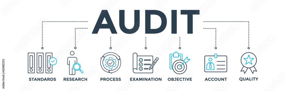 Audit banner web icon vector illustration concept with icon of standards, research, process, examination, objective, account, and quality Audit banner web icon vector illustration concept with icon of standards, research, process, examination, objective, account, and quality