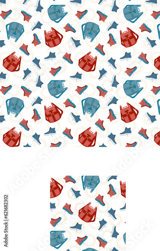 Seamless pattern with backpacks and sneakers. Vector illustration of backpacks and sneakers for school children, tourists.