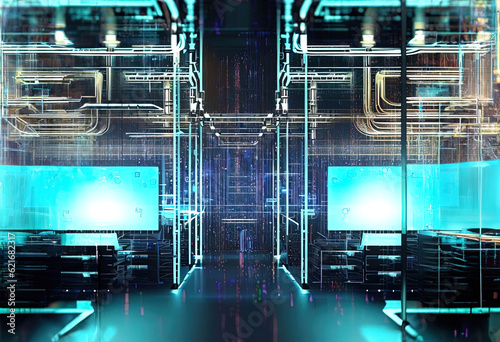 Futuristic data center room with rows of equipment interior with big data cybersecurity illustration neural with Generative AI.