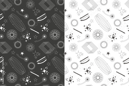 Seamless pattern of geometric frame shapes and grids Retro-futuristic set. Abstract vector illustration.