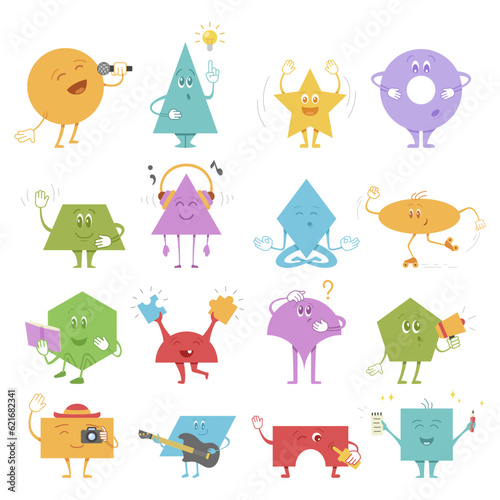 Geometric shape funny characters emoji with different face expression set isometric vector