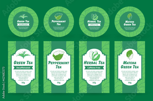 Green peppermint herbal matcha tea labels package stickers engraved design template set vector