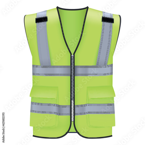 Reflective safety green vest for security traffic and worker uniform wear realistic vector