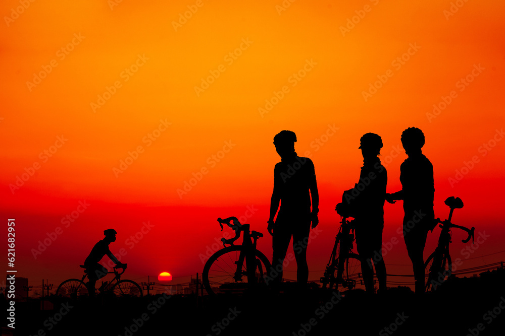 Fototapeta premium Silhouette of a mountain biker enjoying downhill during the sunset.