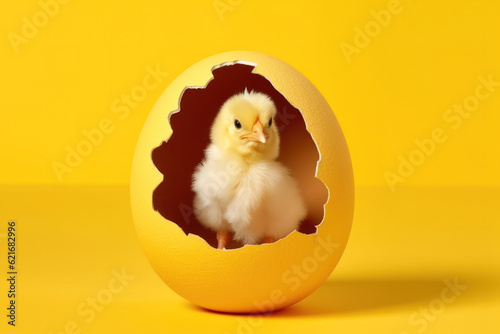 little yellow chicken in the shell on a yellow background.copy space. Generative AI © Margo_Alexa