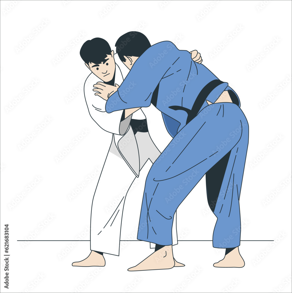 two judokas fighters fighting men in silhouettes on white background ...