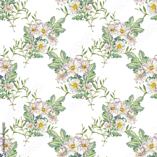 Seamless pattern watercolor chrysanthemum daisy chamomile with green leaves on white background. Hand-drawn summer bloom flower. Art for celebration wedding wrapping textile, coloring book florist