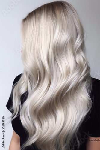 young woman with perfect blond hair in wavy styling in beauty salon after service.back view. Banner or poster. Social media content for beauty salons. Generative AI