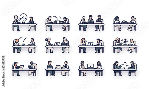 Web icon in the line style for a meeting. Team meetings, conferences, seminars, interviews, and collection Illustrations in vector