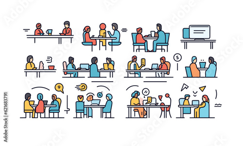 Web icon in the line style for a meeting. Team meetings, conferences, seminars, interviews, and collection Illustrations in vector