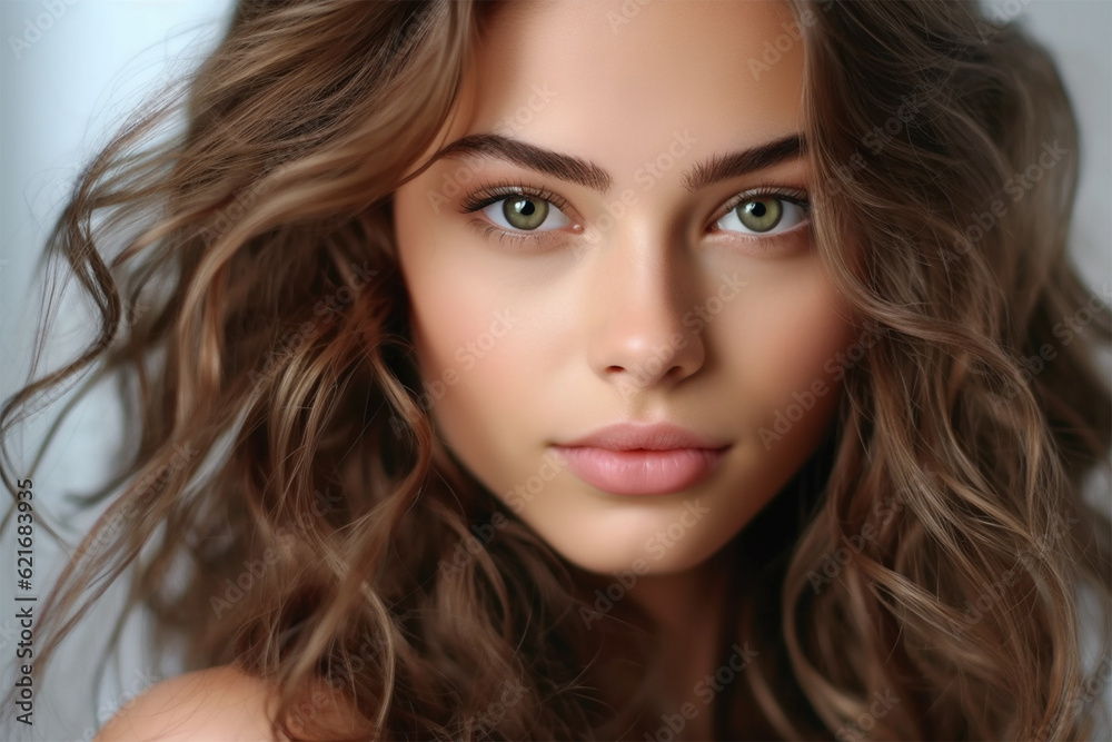 portrait of a young woman with curly hair against the backdrop of the sea. Sea and travel, hair care. Social networks for beauty salons. Generative AI