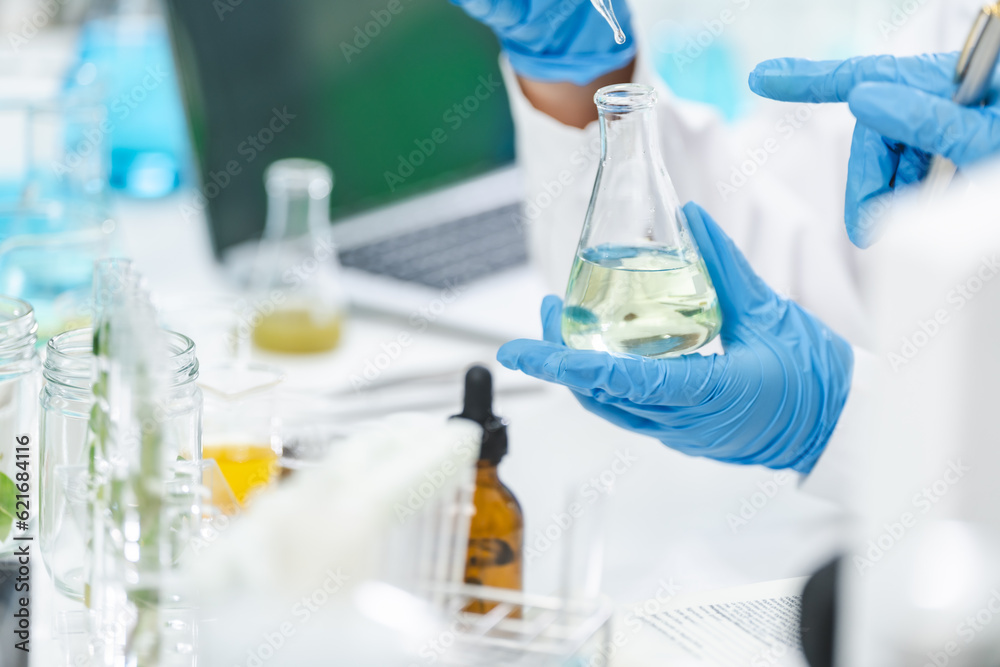 Fototapeta premium eco skin care beauty products in laboratory development concept, Natural drug research with organic plants and scientific extraction in glassware, Alternative green herb medicine for body health care