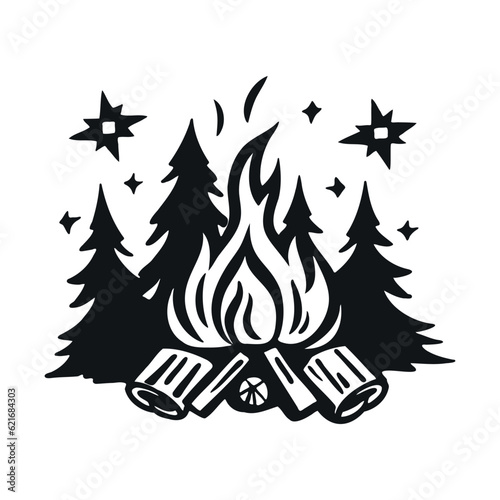 Burning night campfire with wood and stars, summer camping bonfire on forest background. Simple black silhouette graphic. Cartoon style. Vector illustration on white isolated background.