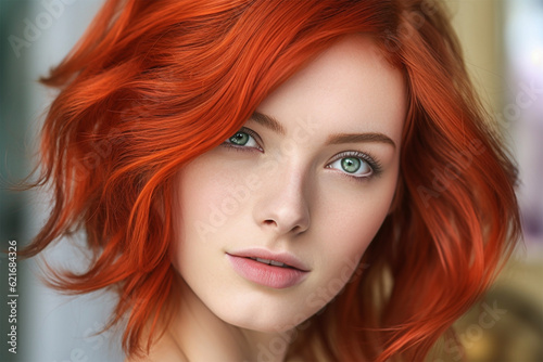  portrait of a young woman with bright red hair color and hairstyle. Banner or poster. Social media content for beauty salons. hair dye color in the catalog. Generative AI