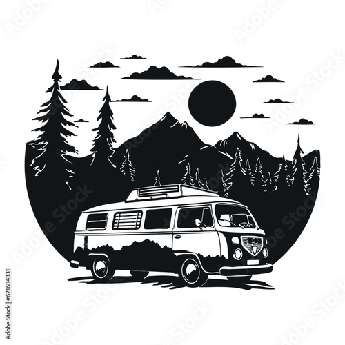 Camping car - retro van on mountains background. Camping adventure concept. RV Camper Home. Simple black silhouette graphic. Cartoon style. Vector illustration on white isolated background.