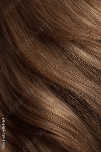 Close-up of a bunch of shiny straight natural light brown hair . Generative AI