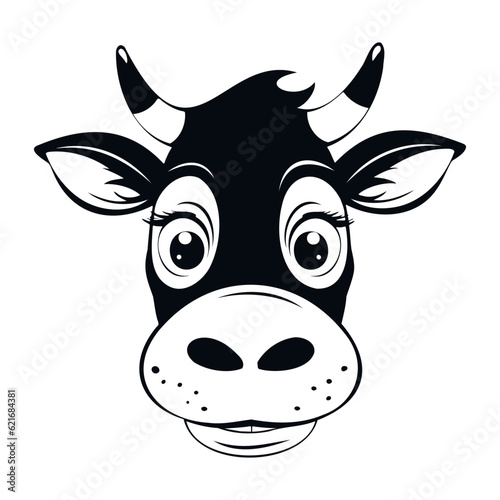 Funny cow head. Cute farm animal. Smiling cow face. Simple black silhouette graphic. Cartoon style. Vector illustration on white isolated background.