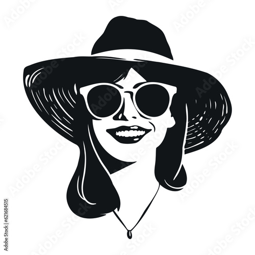 Smiling woman in summer hat and sunglasses. Vacation mode illustration. Simple black silhouette graphic. Cartoon style. Vector illustration on white isolated background.