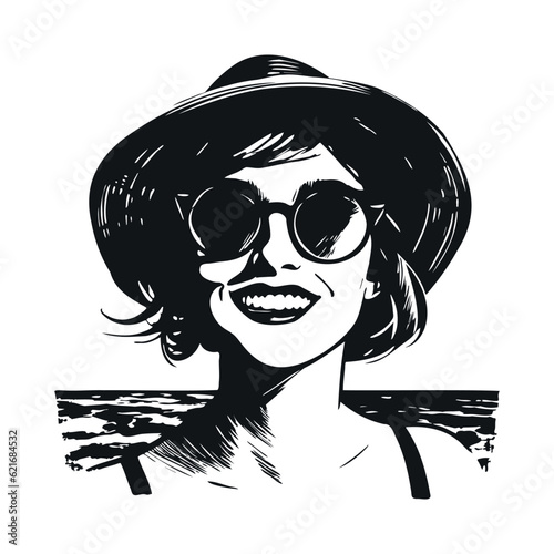Smiling woman in summer hat and sunglasses on te beach. Vacation mode illustration. Simple black silhouette graphic. Cartoon style. Vector illustration on white isolated background.