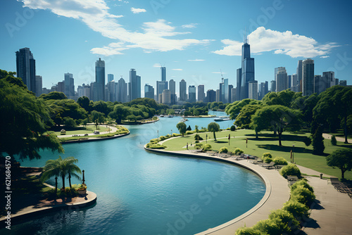 garden with high-rise buildings cityscape. Green environment city. Generative AI.