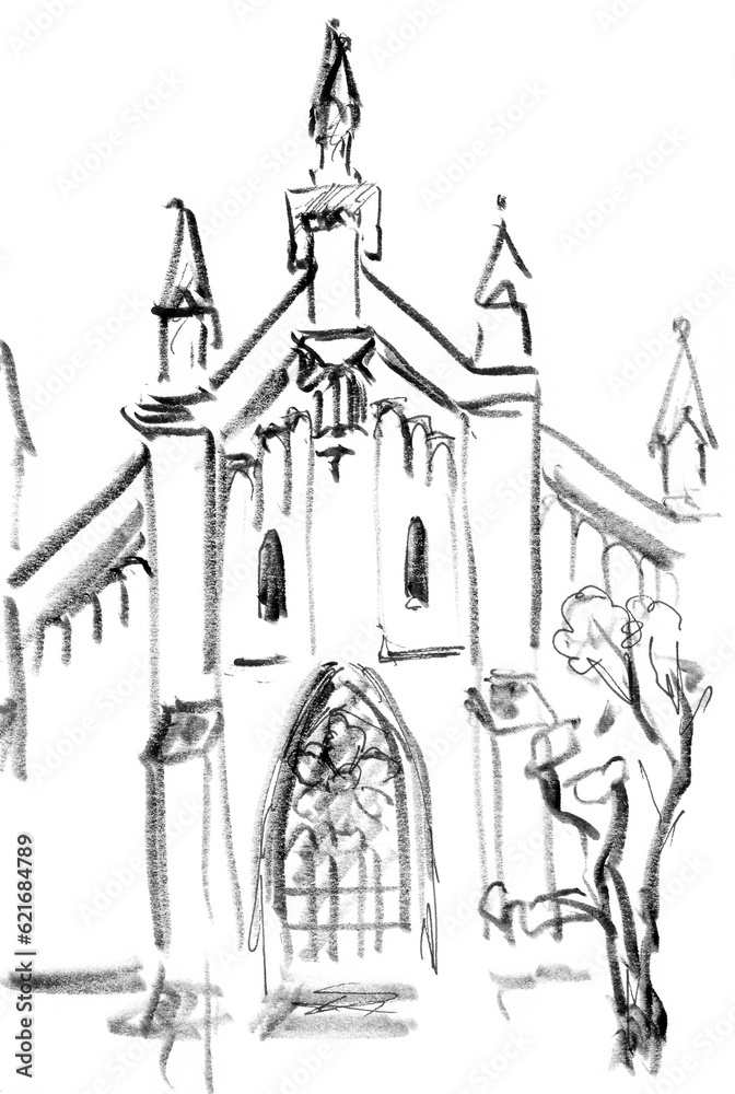 gothic cathedral, graphic black and white drawing