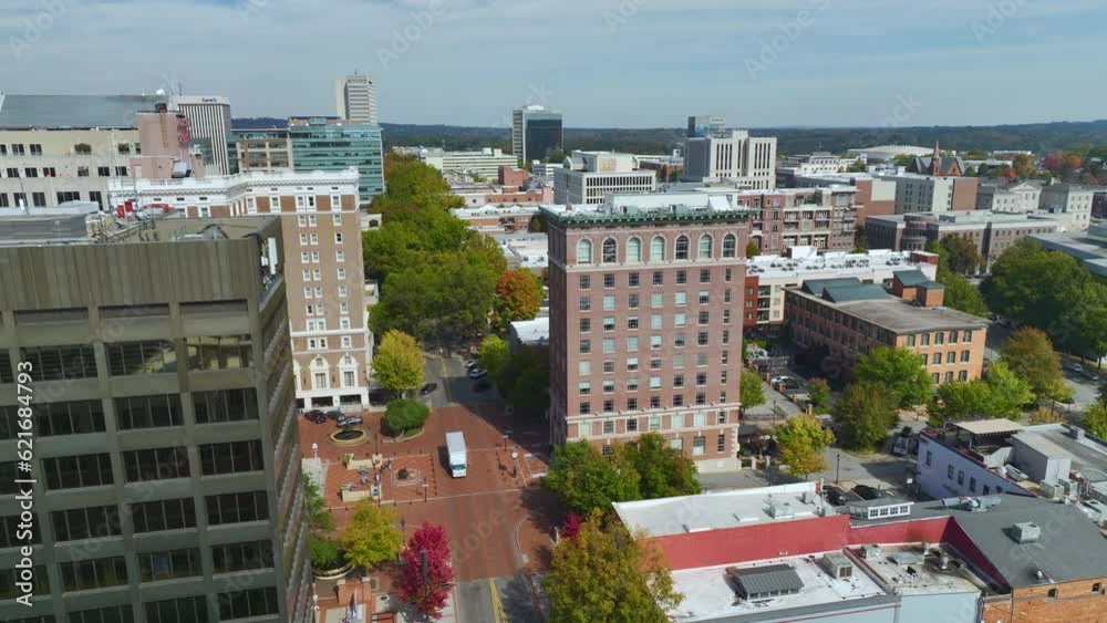 Downtown architecture of Greenville city in South Carolina. View of office and apartment buildings in american city. US travel destination Downtown architecture of Greenville city in South Carolina. View of office and apartment buildings in american city. US travel destination